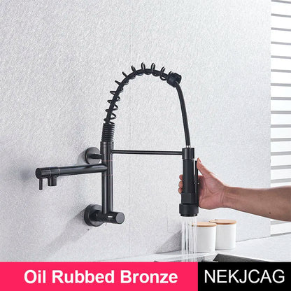 Wall Mounted Spring Kitchen Faucet Chrome Black Pull Down Sink Faucets Single Cold Water Dual Spouts Mixer 360 Rotation Crane