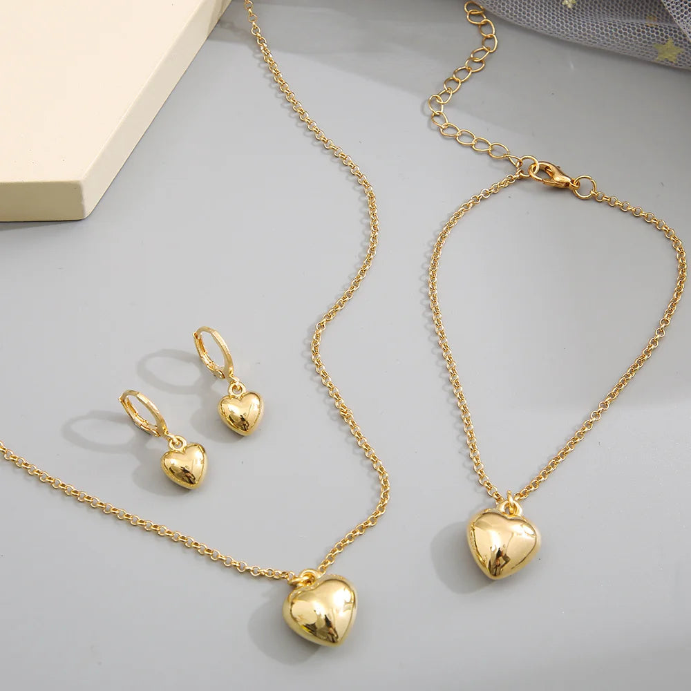 Exquisite Heart Earrings Necklace Women's Bracelet Fashion Simple Romantic Pendant Gold Color Jewelry Set 2023 New Trendy Gifts