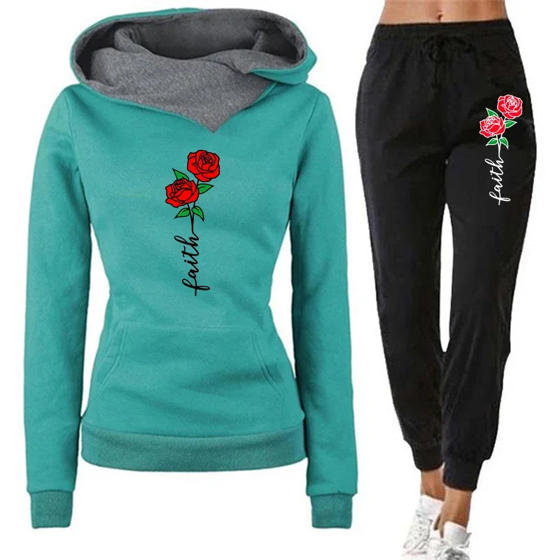 Autumn Women Winter 2-Piece Printed Hoodie Pants Sportswear Sports Suit Hooded Sweatshirt Suit Women Jogging Calas Cargo Femina