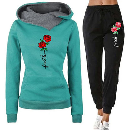 Autumn Women Winter 2-Piece Printed Hoodie Pants Sportswear Sports Suit Hooded Sweatshirt Suit Women Jogging Calas Cargo Femina