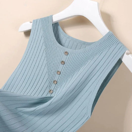 Inner Ice Silk Bottoming Tops for Women Casual Camisole for Summer Vest 2022 New O-neck Button Solid Sleeveless Knitted Tanks
