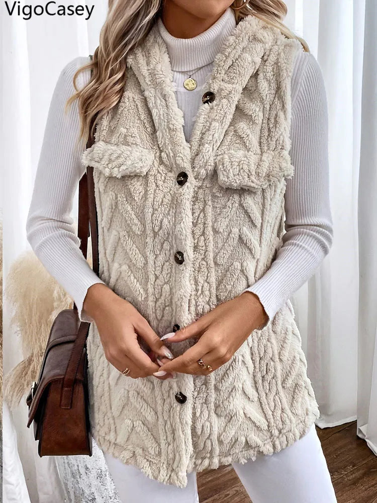 VigoCasey 2025 Apricot Sleeveless Vest Coat Woman Single-breasted Warm Plush Waistcoat Lady Autumn Winter Hooded Vest Jacket