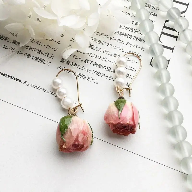 Unique Immortal Flower Earrings Elegant Natural Flower Pearl Drop Earrings Statement Jewelry Epoxy Resin Real Rose Earring 2024