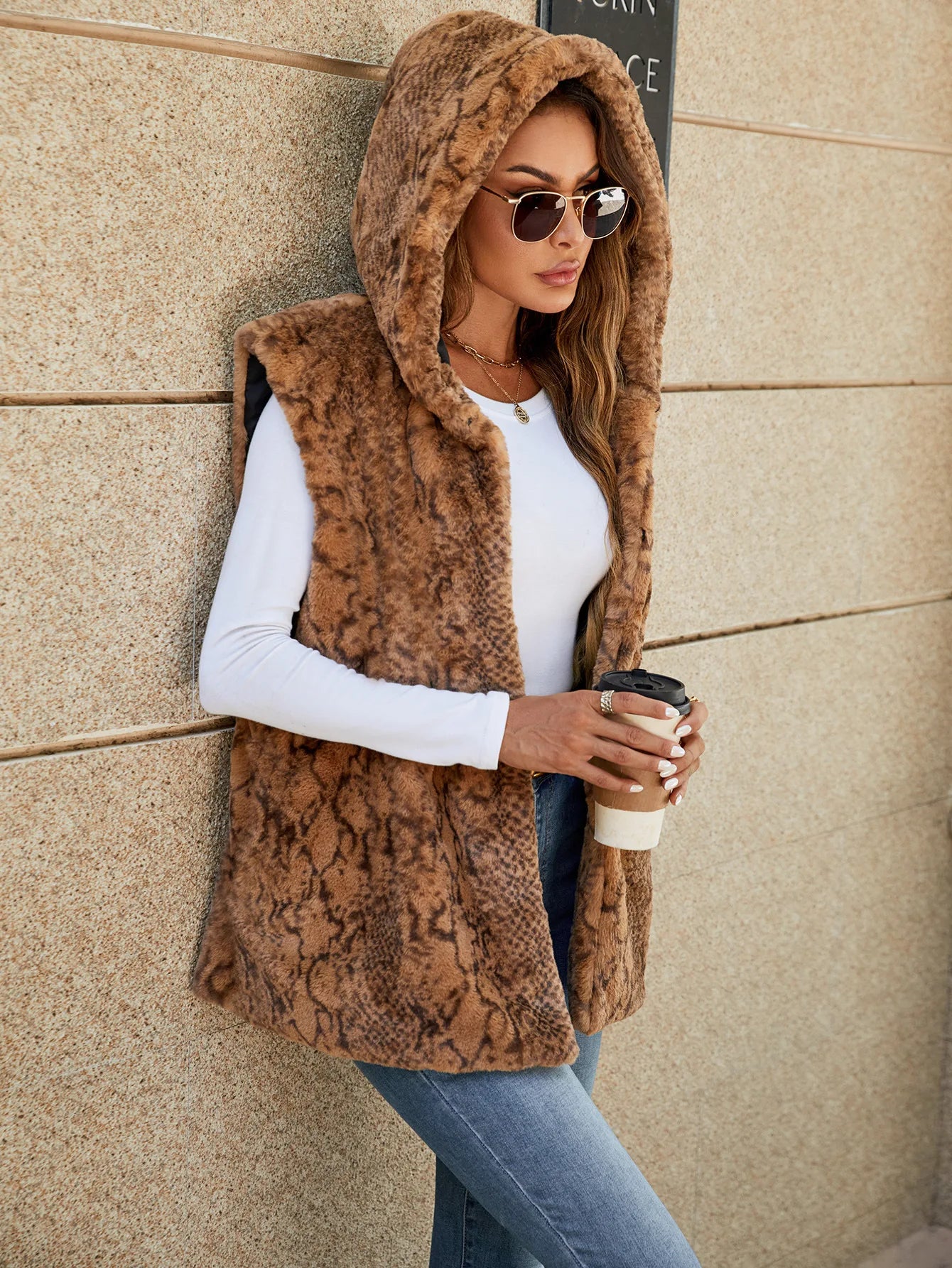 VigoCasey 2025 Autumn Winter Hooded Thick Vest Coat Woman Sleeveless Plush Warm Waistcoat Lady Print Warm Fluffy Vest Jacket