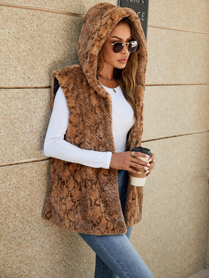 VigoCasey 2025 Autumn Winter Hooded Thick Vest Coat Woman Sleeveless Plush Warm Waistcoat Lady Print Warm Fluffy Vest Jacket