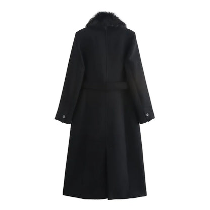 Women's Belt Warm Fur Collar Coat Flip Collar Pocket Button Decoration Autumn/Winter New Women's Wear