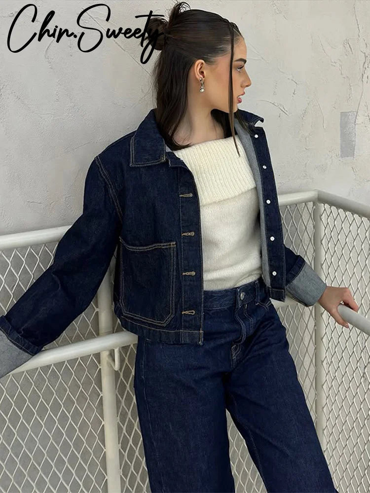 Denim Skirt Women Set Casual Long Sleeve Lapel Pocket Button Jacket Pleated Min Skirts 2025 Spring Summer Lady Suit