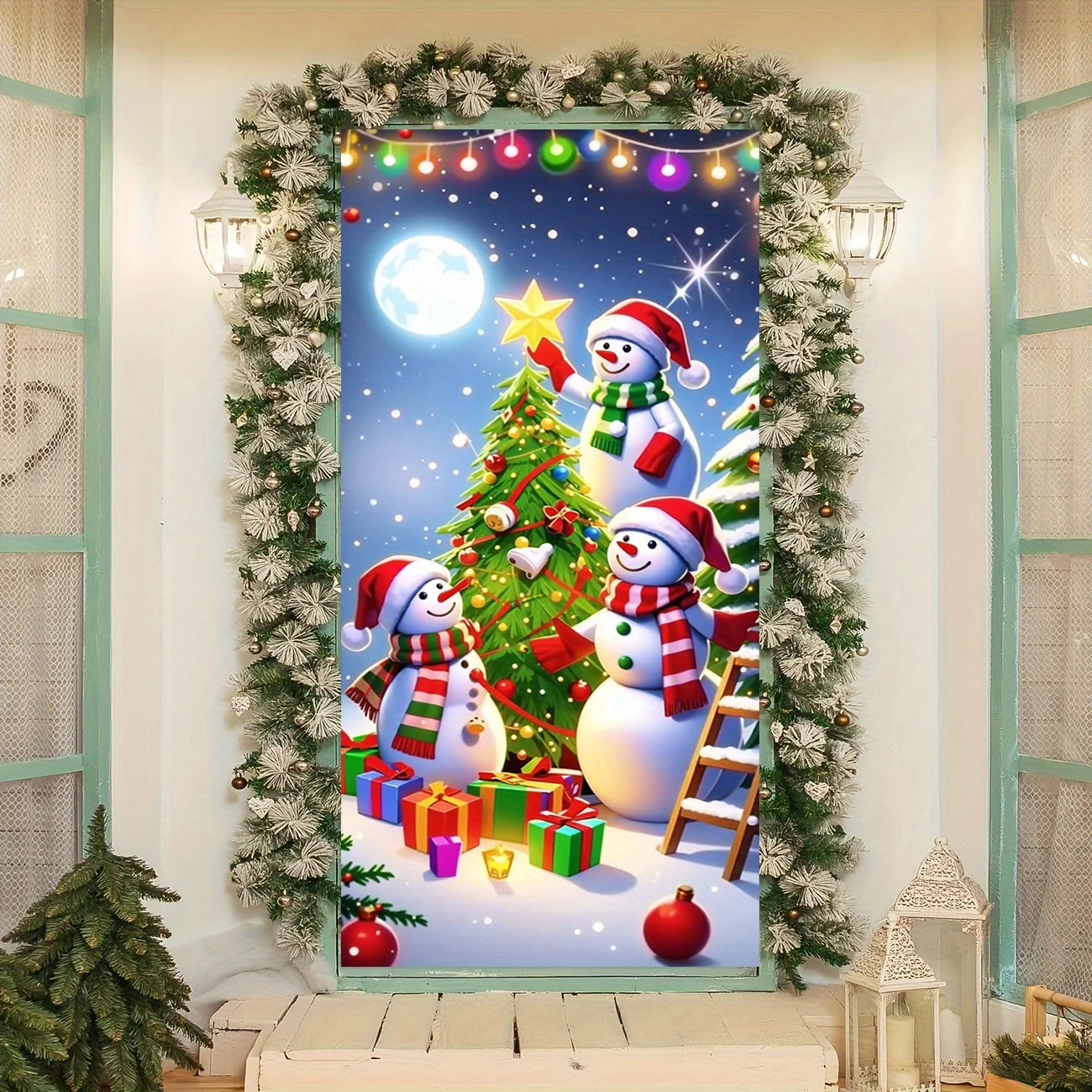 Christmas door casing, snowman decorated Christmas tree, washable to add joy, perfect holiday, entrance and outdoor party