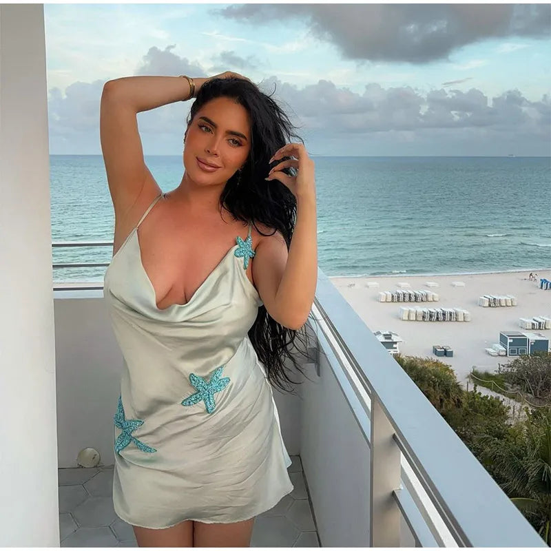 Prined Casual Women Star Mini Dress Fashion Sling Sleeveless Backless Pleat High Waist Robe 2025 New Female Beach Vacation Wear