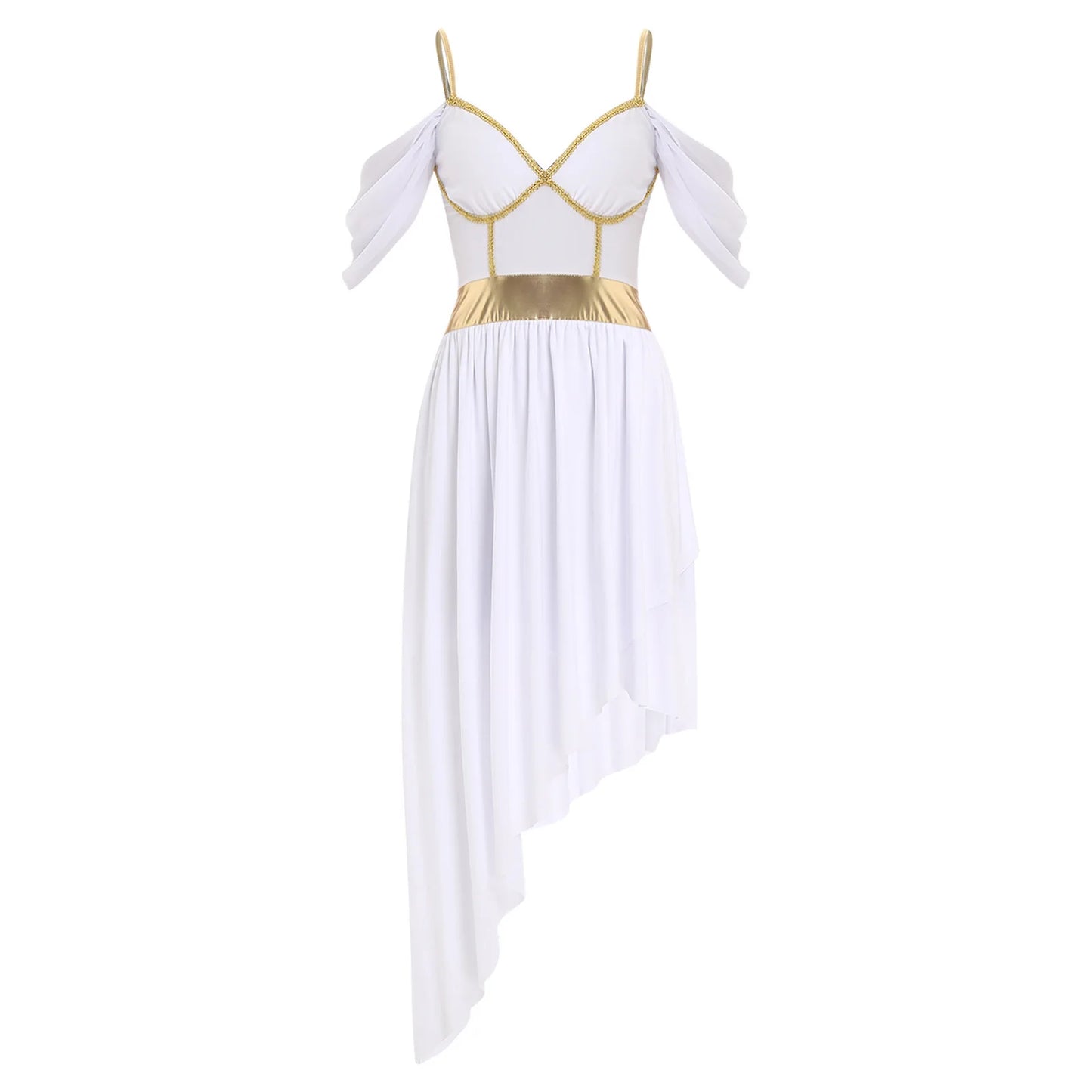 Womens Ancient Greek Costume Halloween Roman Queen Cosplay Dress Metallic Shiny Off Shoulder Sling Carnival Roleplay Dress Up