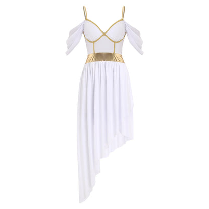 Womens Ancient Greek Costume Halloween Roman Queen Cosplay Dress Metallic Shiny Off Shoulder Sling Carnival Roleplay Dress Up