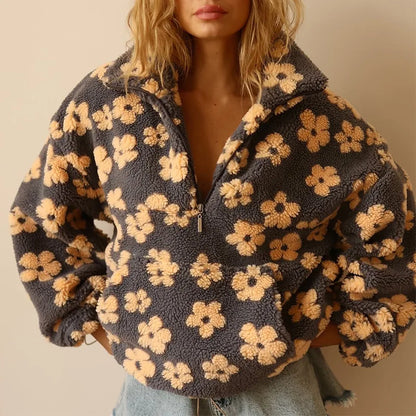 EtherealBe cozy lambskin coat for women with floral pattern and half-zip design for casual style