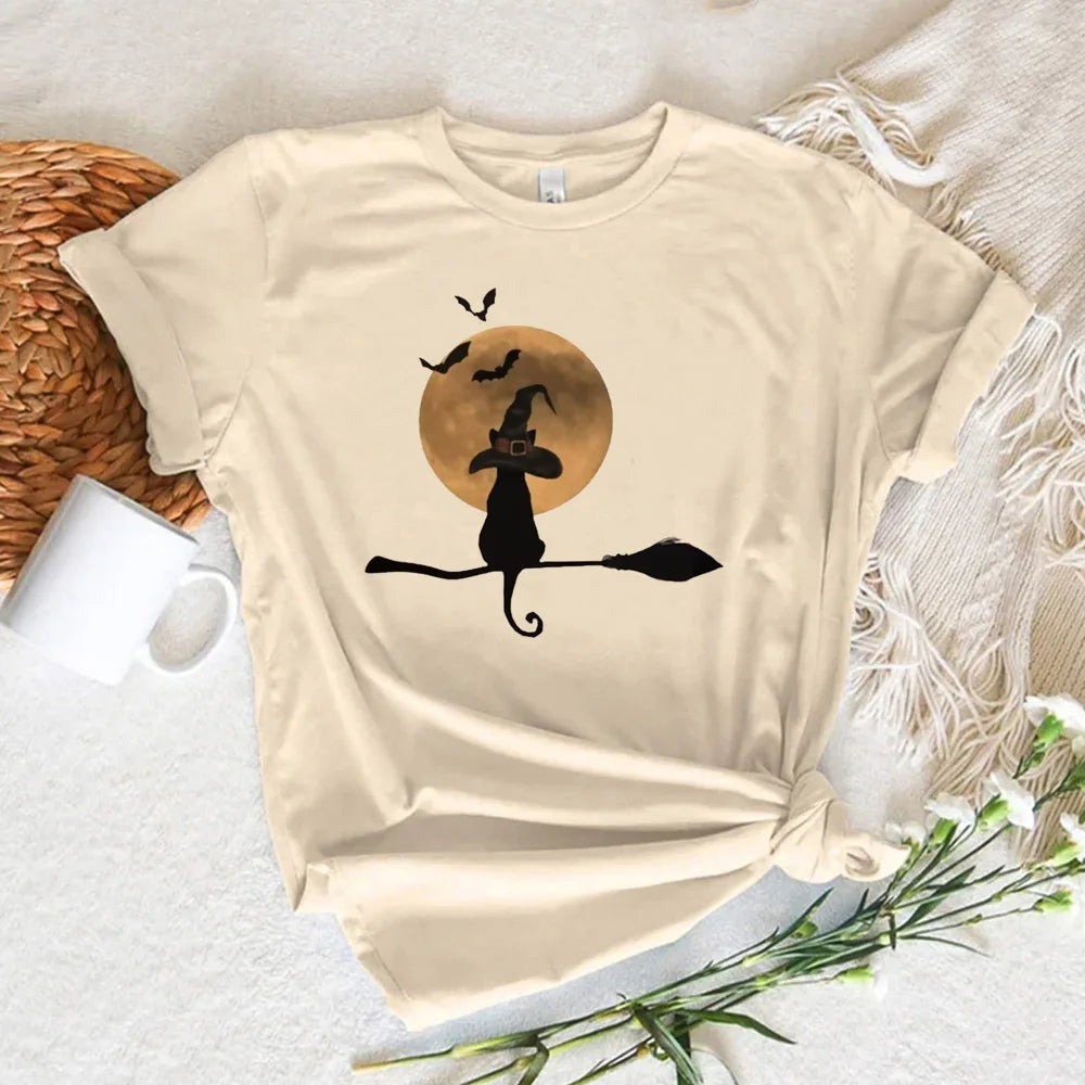 EtherealBe Halloween witch shirt women featuring a cat on a broomstick with a full moon and bats