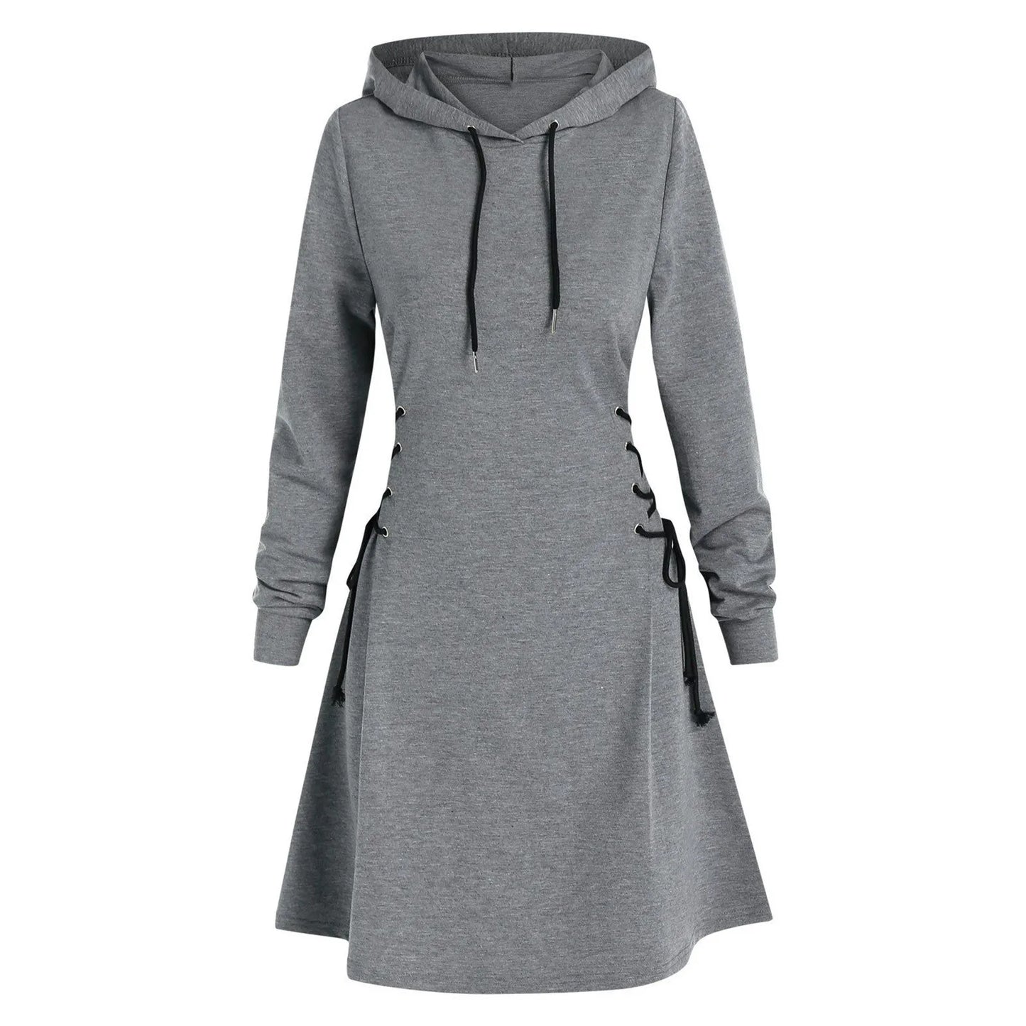 Autumn Long Sleeve Women Lace Up Sweatshirt Dress Fashion Solid Hooded Dresses Vestido Casual Drawstring Dress Streetwear платье