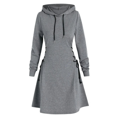 Autumn Long Sleeve Women Lace Up Sweatshirt Dress Fashion Solid Hooded Dresses Vestido Casual Drawstring Dress Streetwear платье