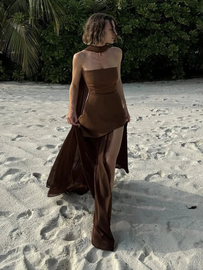 2025 Summer Women Fashion Strapless Dress With Ribbon Patchwork Elegant Sleeveless Mesh Split Dress Vacation Beach Long Dresses