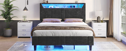 King Size Bed Frame w 4 Storage Drawers,Charging Station and LED Lights,Upholstered Bed Frame w Button Tufted Wingback Headboard