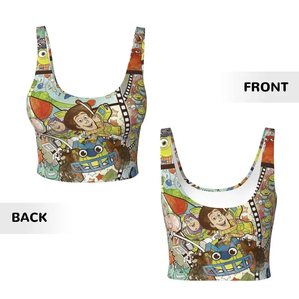 Toy Story Jessie sports bra featuring colorful Woody and Buzz Lightyear print on the front and back
