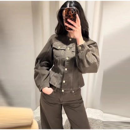 Vintage Solid Denim Jacket Pants Sets Women O-neck Single Breasted Long Sleeve Coat Wide Leg Trousers 2025 Jeans Outfits Street