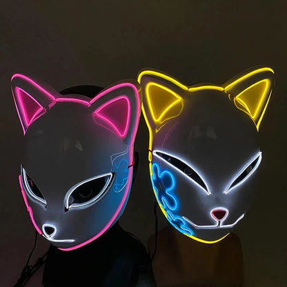 EtherealBe Halloween cat LED face mask with vibrant pink and yellow neon lights for festive celebrations