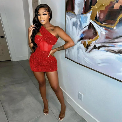 Skinny Slim See Through Mesh Women Sexy Dress Sequin Glitter Shoulder Nightclub Dress Red / Black