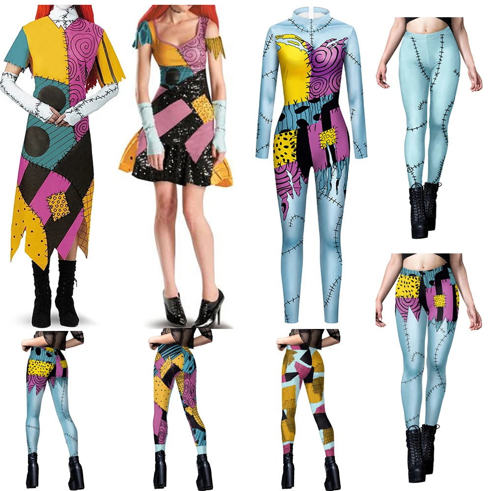 EtherealBe Nightmare Before Christmas Sally cosplay costume featuring a patchwork dress and leggings