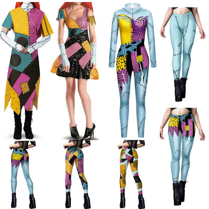 EtherealBe Nightmare Before Christmas Sally cosplay costume featuring a patchwork dress and leggings
