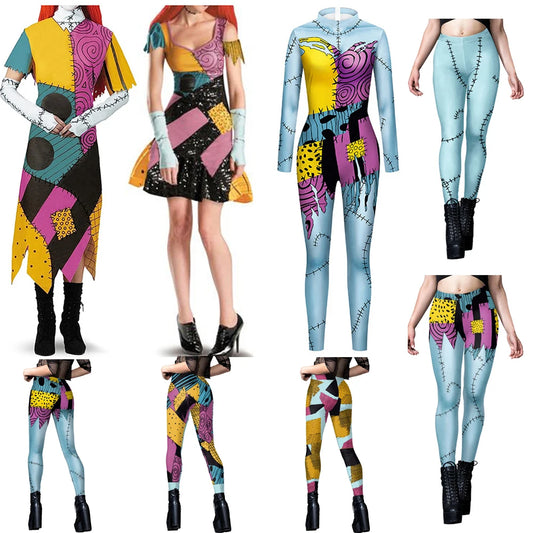 EtherealBe Nightmare Before Christmas Sally cosplay costume featuring a patchwork dress and leggings