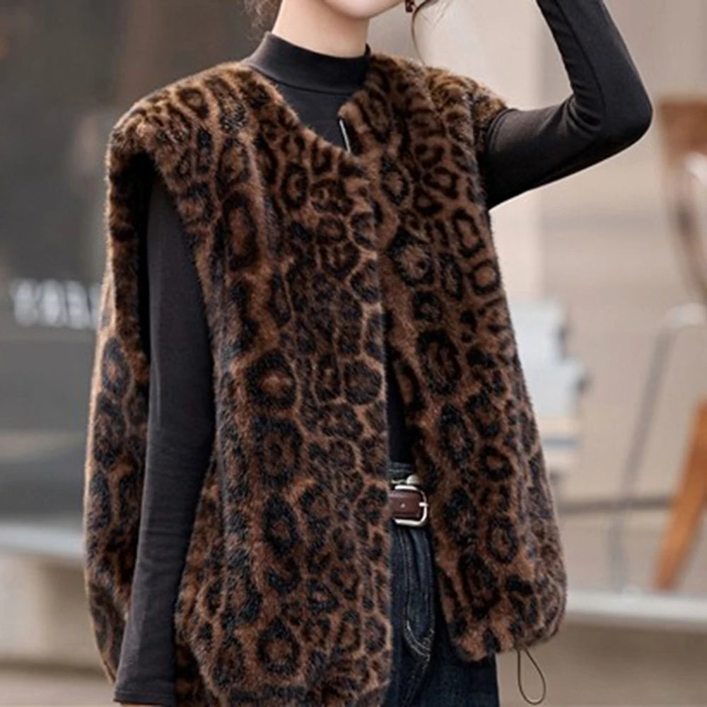 Winter fashion  casual senior sense thin  fur integrated leopard print vest warm top clothing  chalecos para mujer
