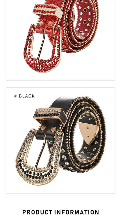 Luxury Designer Belts For Women With Gems Studded Waistband Gothic Black Western Style Fashion Buckle Pin Belt Female Hip Hop