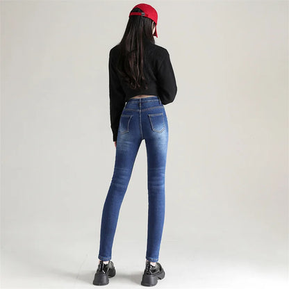 New Winter Women Snow Thermal Fleece Skinny Jeans Casual Lady Warm Velvet Thick Pencil Pants Female Basic Fleece Denim Trousers