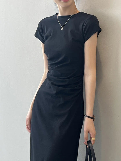 Slim Fit T-irt Dr Women's Spring Summer ort Sve Pleated Waist Cinching A-Line Midi Dr Small Stature 50
