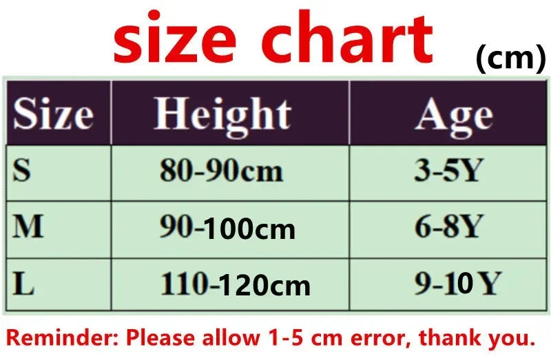 Size chart for Mitsuri Kanroji cosplay costume with height and age guidelines for kids