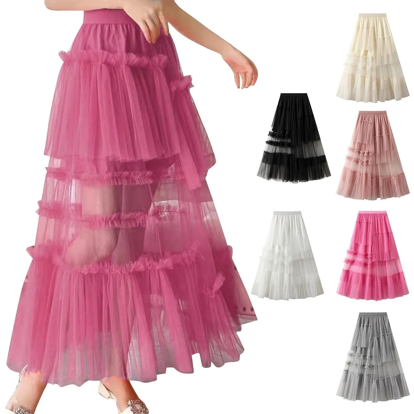 Skirts For Party 2024 Women's Long Summer Tulle Skirt Elegant High Waist Cocktail Party Wedding Flared Hem Dance Skirt for Girls