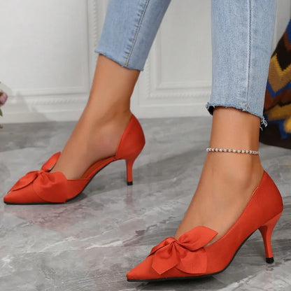 EtherealBe shallow mouth fashion heels with bow detail in vibrant red hue for stylish outings