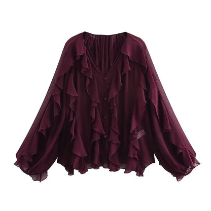 MUJER Ruffle Womens Blouses Semi Sheer Casual Blouses Woman Spring Fairy Shirts and Blouses for Lady Long Sleeve Tops Woman 2025