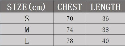 Sanrio Hello Kitty cute crop top size chart showing sizes S M L with chest measurements 70 74 78 cm and length 36 38 40 cm