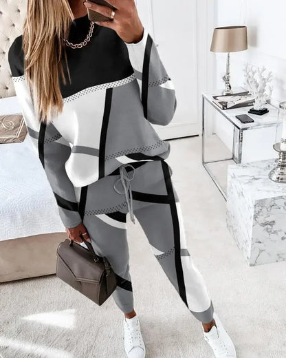 Autumn Winter Fashion Sports Style Two Piece Set Women Casual Printing Long Sleeve Tshirt Pants Two Piece Set Women