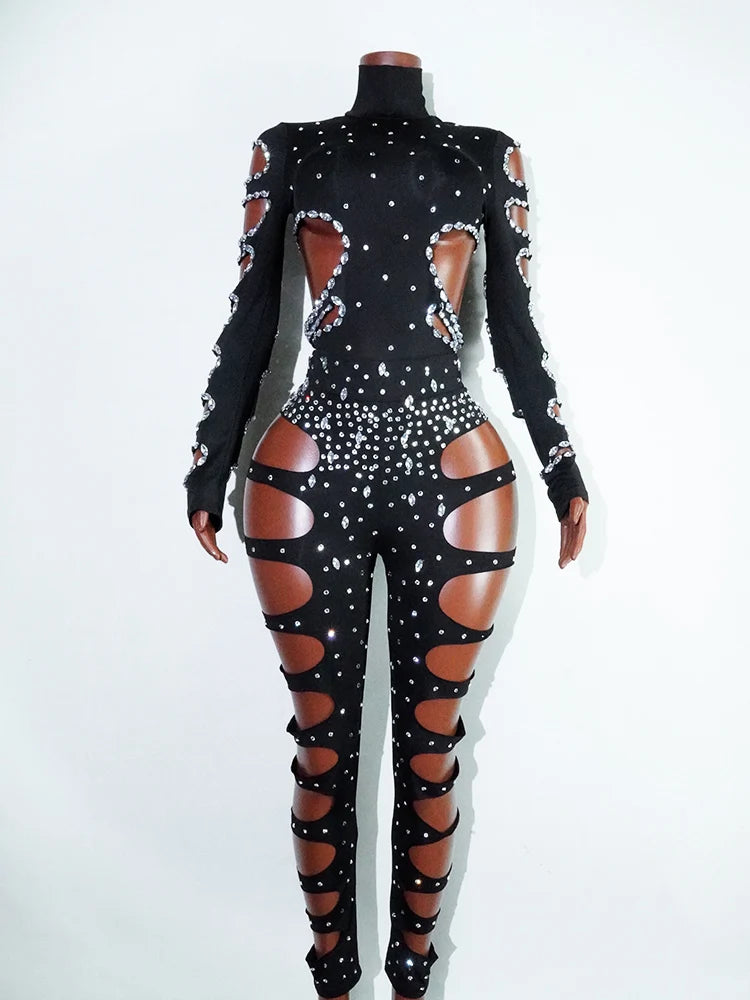 rhinestHollow Out Sexy Black Women Bodysuit pants Sets Long Sleeve Turtleneck Bodysuits Clubwear Costumes Stars Hot Singer Stage