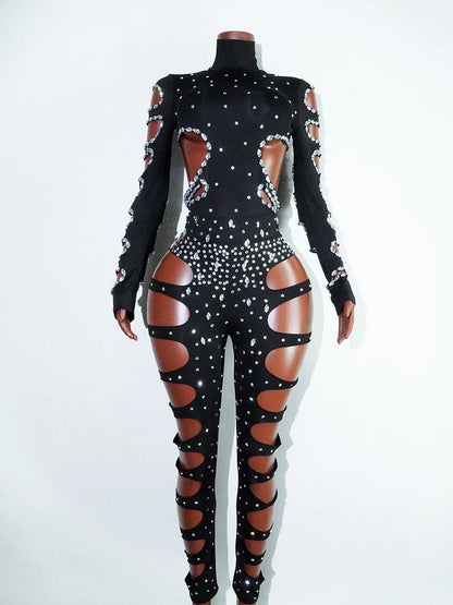 rhinestHollow Out Sexy Black Women Bodysuit pants Sets Long Sleeve Turtleneck Bodysuits Clubwear Costumes Stars Hot Singer Stage