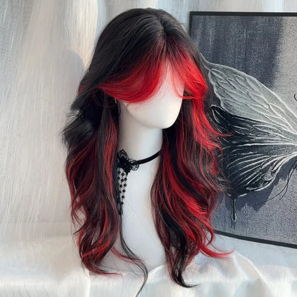 Black Ombre Red Layered Wig Synthetic Long Wavy Women Fluffy Lolita Style Cosplay Wig Middle Part for Daily Party