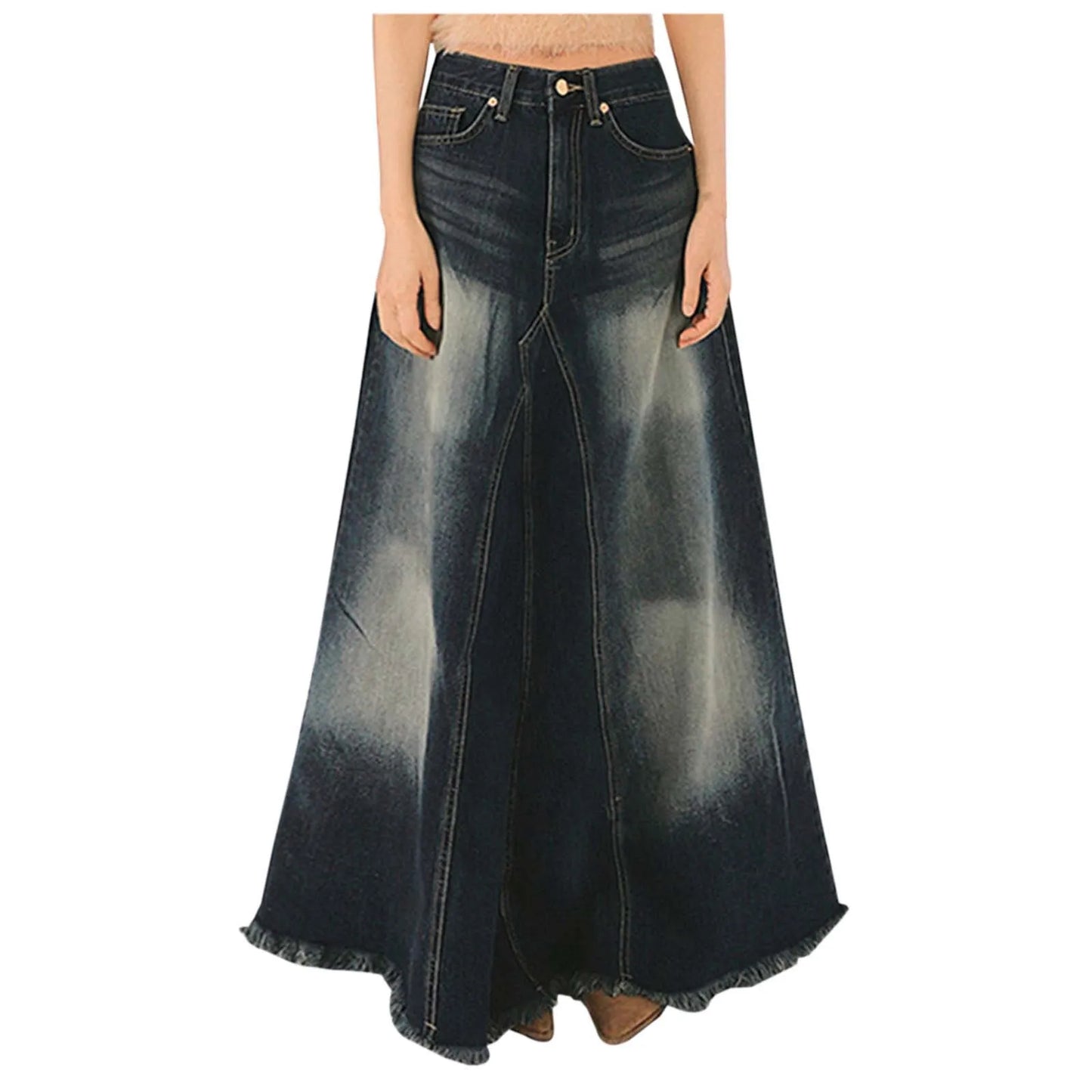 Vintage Denim Skirts For Women High Waisted Distressed Washable Blue A Line Dress High Street Style Fringe Hem Long Half Skirts