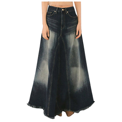 Vintage Denim Skirts For Women High Waisted Distressed Washable Blue A Line Dress High Street Style Fringe Hem Long Half Skirts