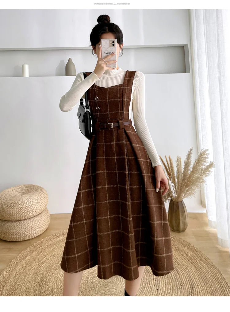 High Quality Fall Winter Women Sweater Overalls Dress Sets Casual Knitted Tops +Plaid Woolen Dress 2 Piece Sets Outfits Female