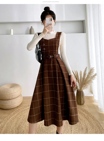 High Quality Fall Winter Women Sweater Overalls Dress Sets Casual Knitted Tops +Plaid Woolen Dress 2 Piece Sets Outfits Female