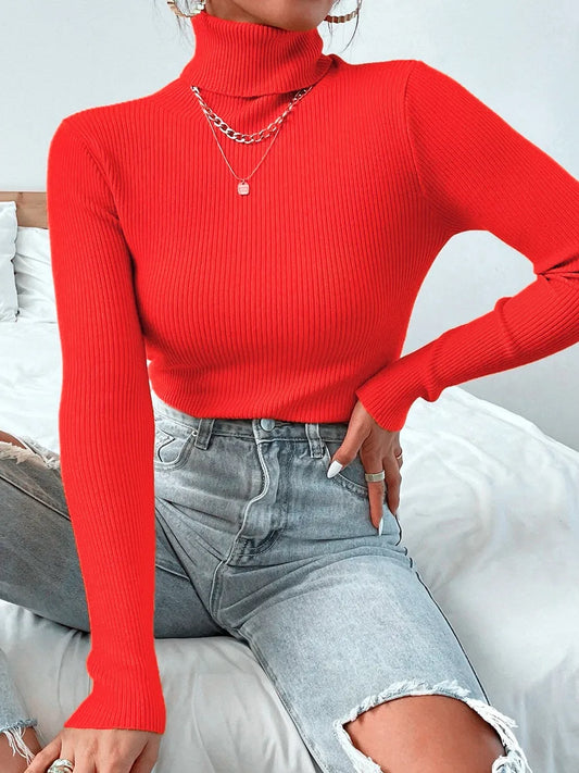 Autumn Winter Women Knit Solid Turtleneck Pull Sweater Casual Rib Jumper Tops Female Home Pullover Y2K Clothing 2025