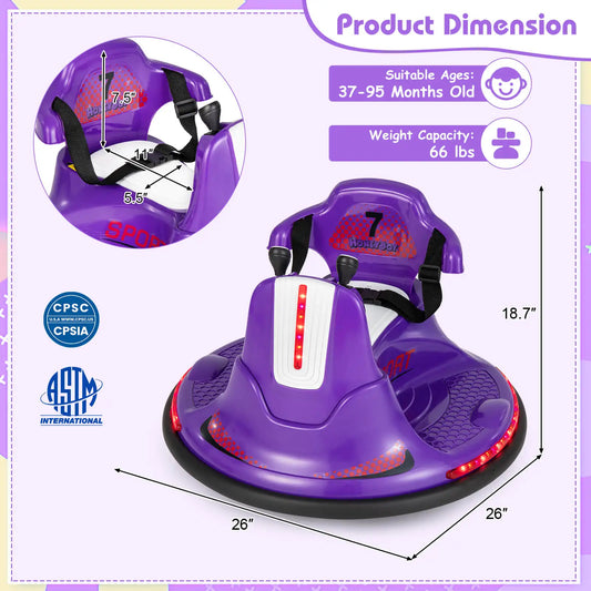 12V Bumper Car for Kids Toddlers Electric Ride On Car Vehicle w/ 360° Spin Purple