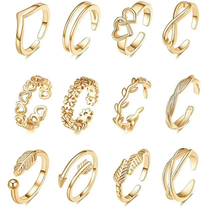 12pcs/Set Kpop Jewelry Open Heart Shape White Copper Alloy Toe Rings Foot Ring Set Korean Style Accessories Women Accessories