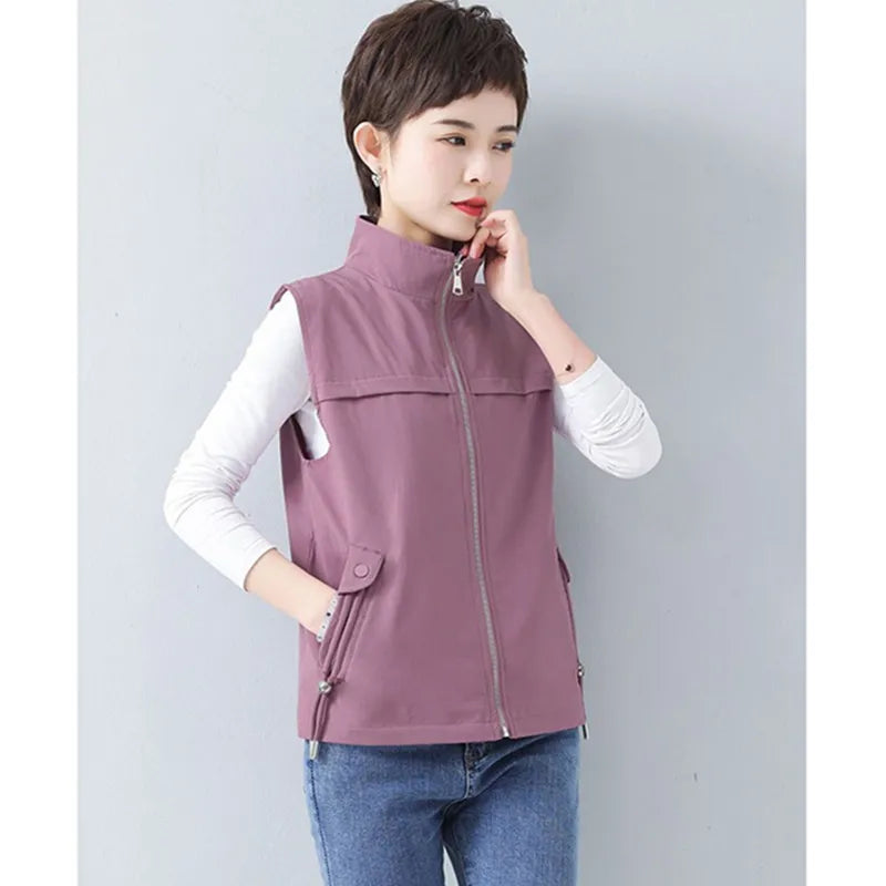 Casual Khaki Short Women's Vest Oversize Liner Sleeveless Jackets 2023 Spring Summer New Zipper Basic Waistcoat Female Outerwear