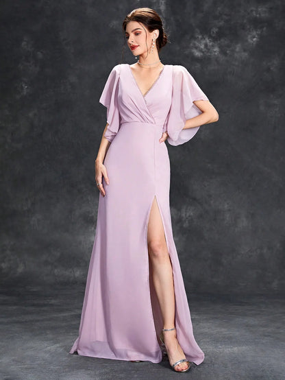 Mgiacy Beaded collar hem flared slit sleeve chest pleated chiffon slit skirt Evening gown Ball dress Party dress